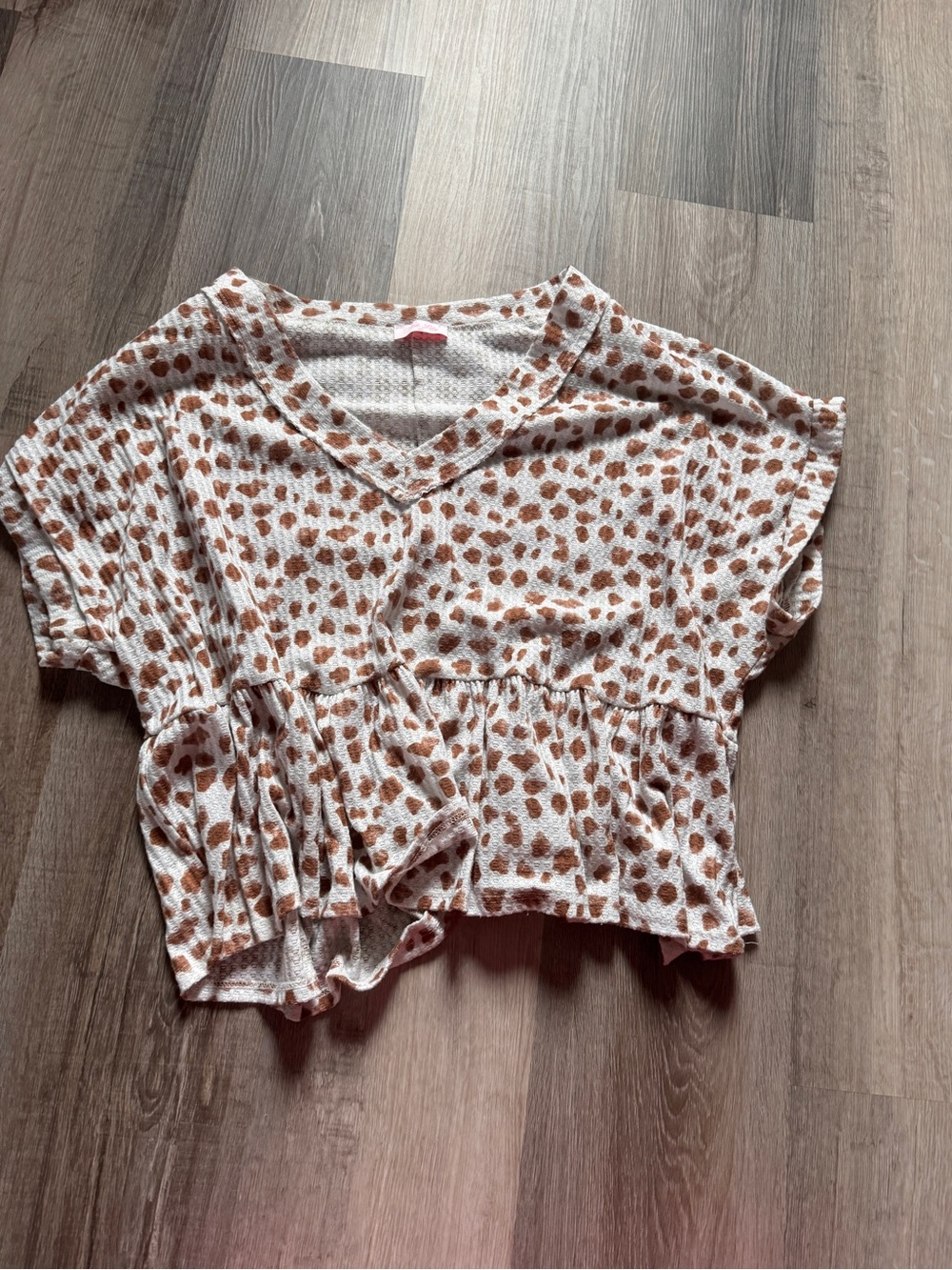 Pink Lily White V-Neck Crop Top with Brown Spot Print
